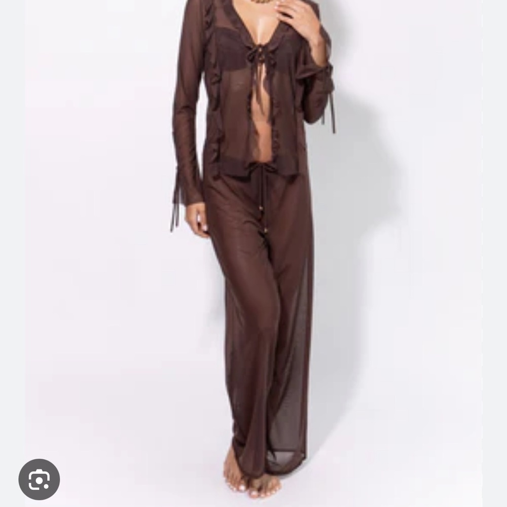 Cristalina Swimwear sheer dark brown beach coverup top and sheer pants NWT!